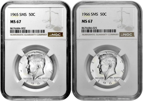 1965 + 1966 SMS 50c Kennedy Half Dollar NGC Graded MS 67 Two Coin Lot