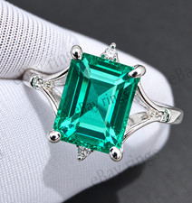 Women's Green Emerald Gemstone With 925 Sterling Silver Ring Emerald Cut Ring