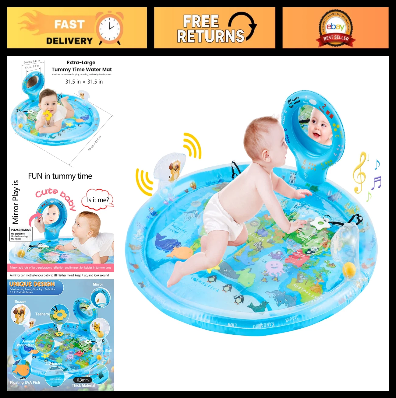 Extra Large Tummy Time Mat 31.5" for Infants 3-12 Months, Inflatable Water Playm