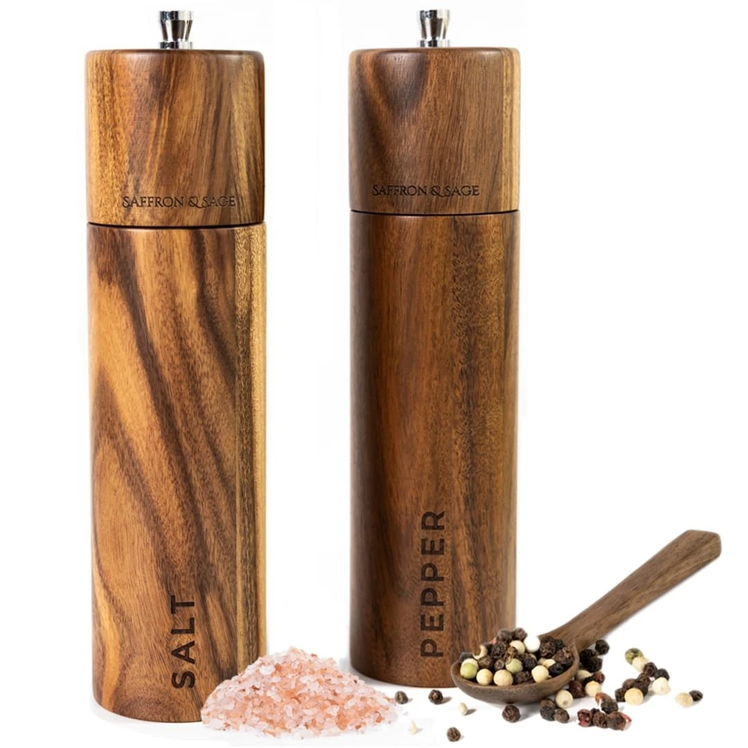 Saffron & Sage Premium Acacia Wood Salt and Pepper Grinder Set of 2-8” Tall S...
