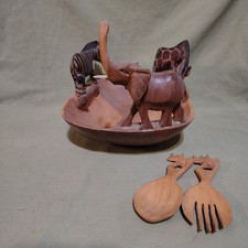 Hand Carved Wooden Bowl Featuring Zebra, Giraffe, Elephant w/Utensils 1990 Kenya