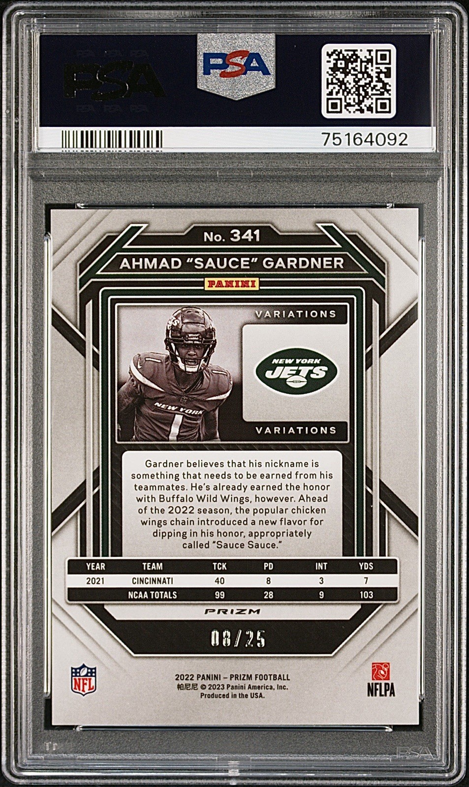 Ahmad “Sauce” Gardner PSA 10 - 2022 Prizm #341 VARIATION-MOJO /25 Rookie RC view 2
