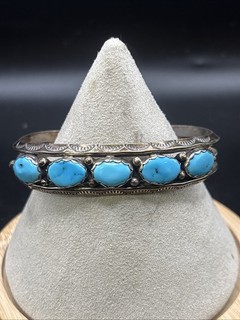 Vintage Handmade Native American Navajo Sterling Silver Turquoise Bracelet Sz 6