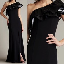 NWT Tadashi Shoji Roni One-Shoulder Ruffle Gown Dress Black Size XS CY24383LX