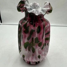 Vintage Fenton Glass Rose Pink Green Ruffled Vase 8”