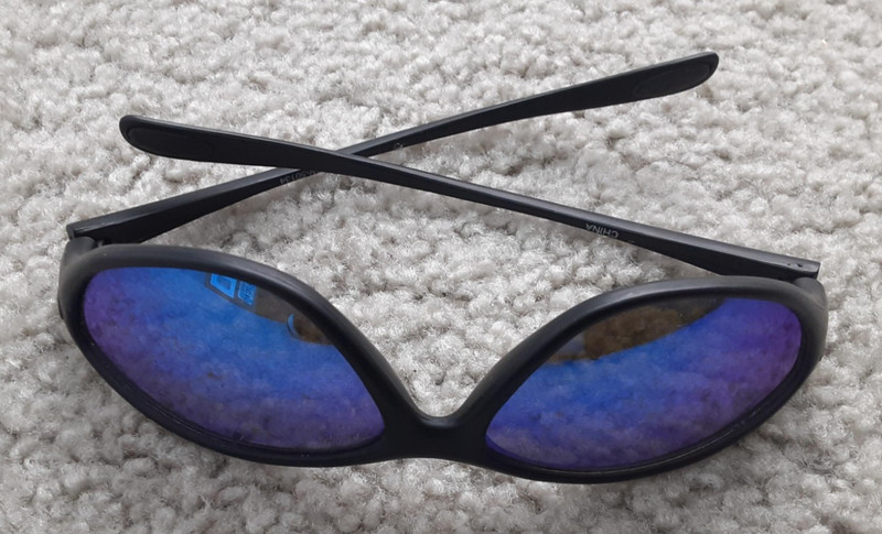 Sunglasses -Black Frame, Plastic, with Blue Mirror Lens