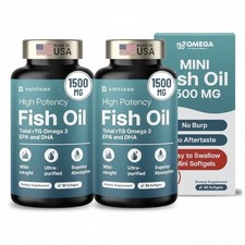 2 Bottles Mini Fish Oil Softgels 1500mg Odorless Burpless Omega-3 for Heart