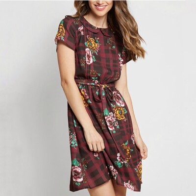 ModCloth Burgundy Floral Print Check Dress Womens Size M | eBay