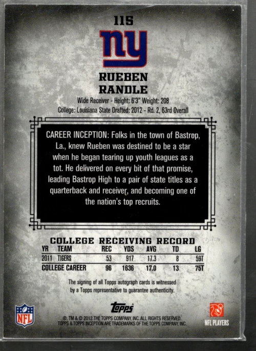 B3986- 2012 Topps Inception #115 Rueben Randle RC Auto - NM-MT (ROOKIE CARD) - Image 2 of 2
