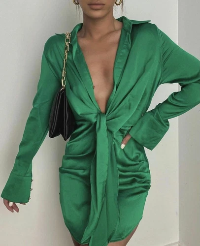 Vestido de satén de seda con cuello en V para mujer manga larga coleccionar cintura nudo lazo mini vestidos - Imagen 2 de 40