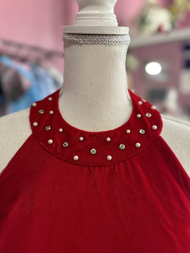 Vintage 80s 90s Maxi Dress Velvet Red Rhinestones Halter Neck Holiday Party M/L - Picture 6 of 8