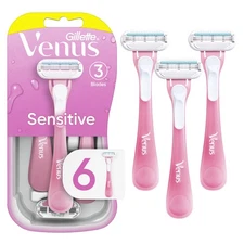 Venus Sensitive Women's 3 Blade Disposable Razor, 6 count, Pink