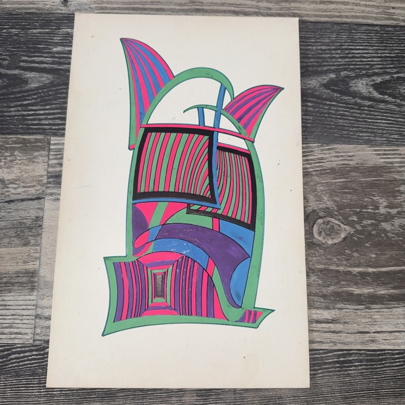 Vintage 1970 Abstract Psychedelic Geometric Painting Neon Pop Art Space Age .