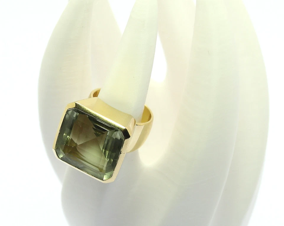 ♦ Ring 18 kt 18k 750 er Gelb Gold mit Prasiolith Gr. 55 Massiv Handarbeit Unisex