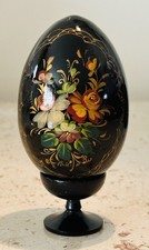 Beautiful Vintage Russian Hand Painted Lacquer Wooden Egg On Stand Signed