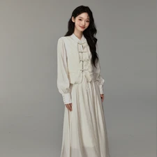 New Chinese Style Womens Buckle Set Long Sleeve Jacket Long Skirt Two-piece Sets