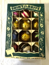 Box 12 Vintage Glass Christmas Ornaments Round Shiny Brite USA
