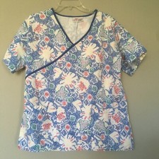 Genny's Uniforms Scrubs Top Sz.S Blue White Printed Bright Sun  Children