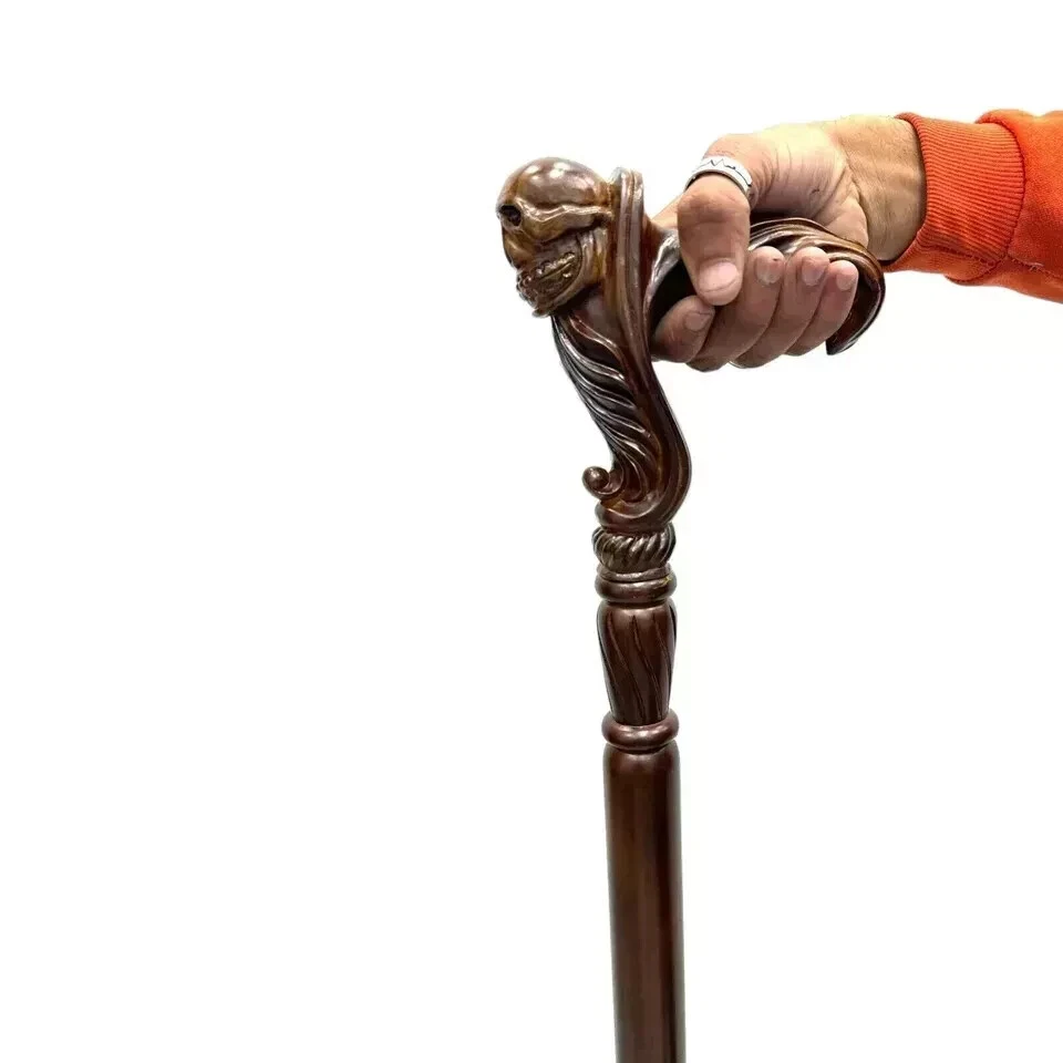Bastón ergonómico de madera tallado a mano bastón cabeza de calavera mango de agarre de palma Foto 2 de 4
