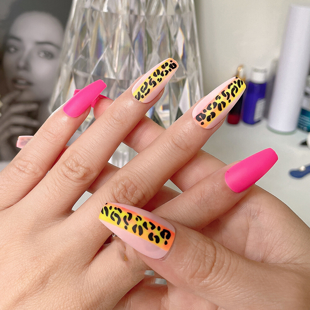 Coffin Fake Nails Pink Leopard Print Long Press on Nails for Nail Art 24pcs  | eBay