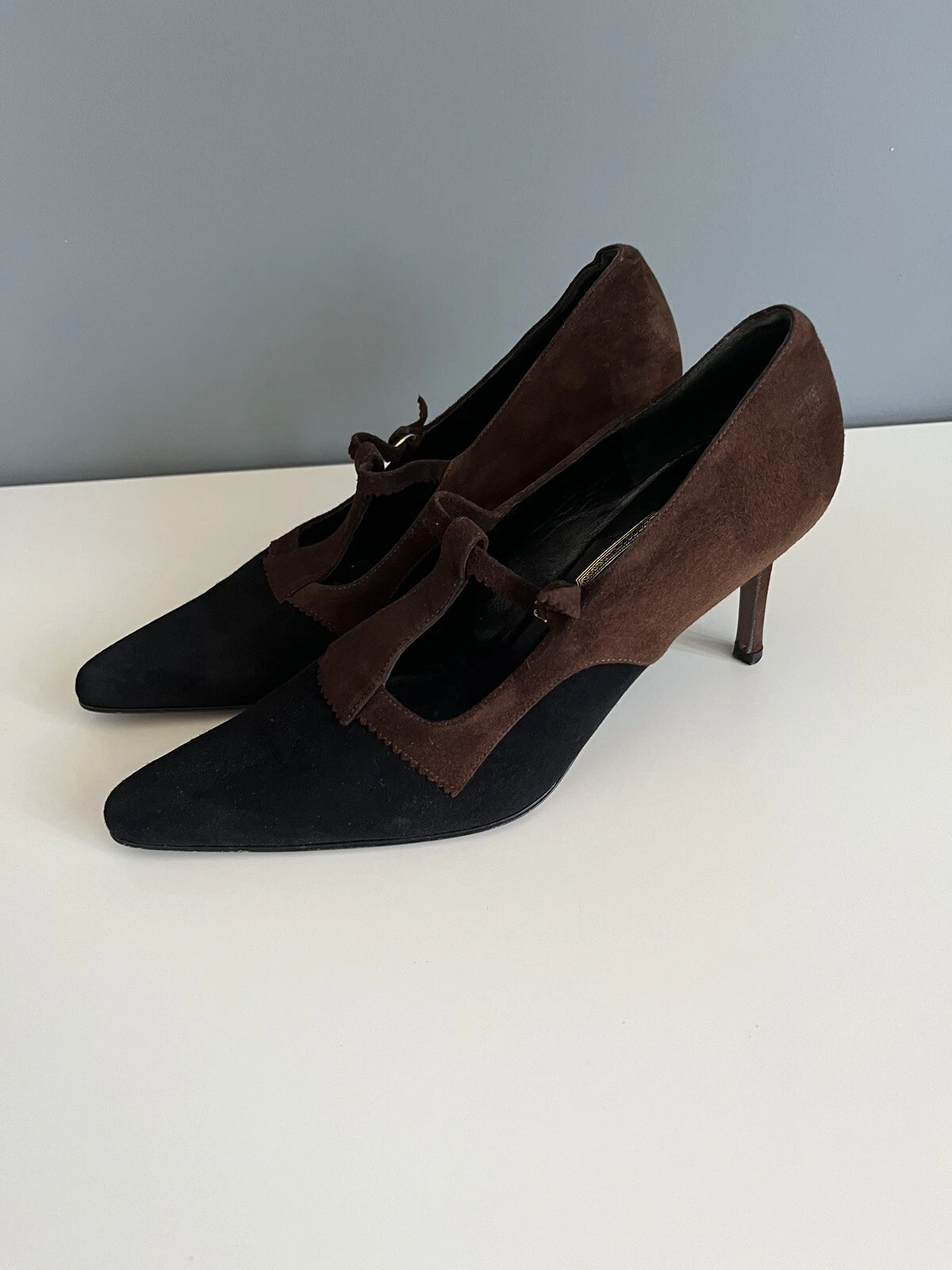 Talon pointu en daim noir Christian Dior Salomé bracelet marron EU 37 1/2 US 4,5