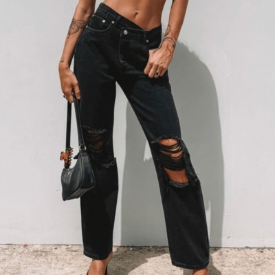 Princess polly black holly asymmetrical button fly straight leg jeans distressed