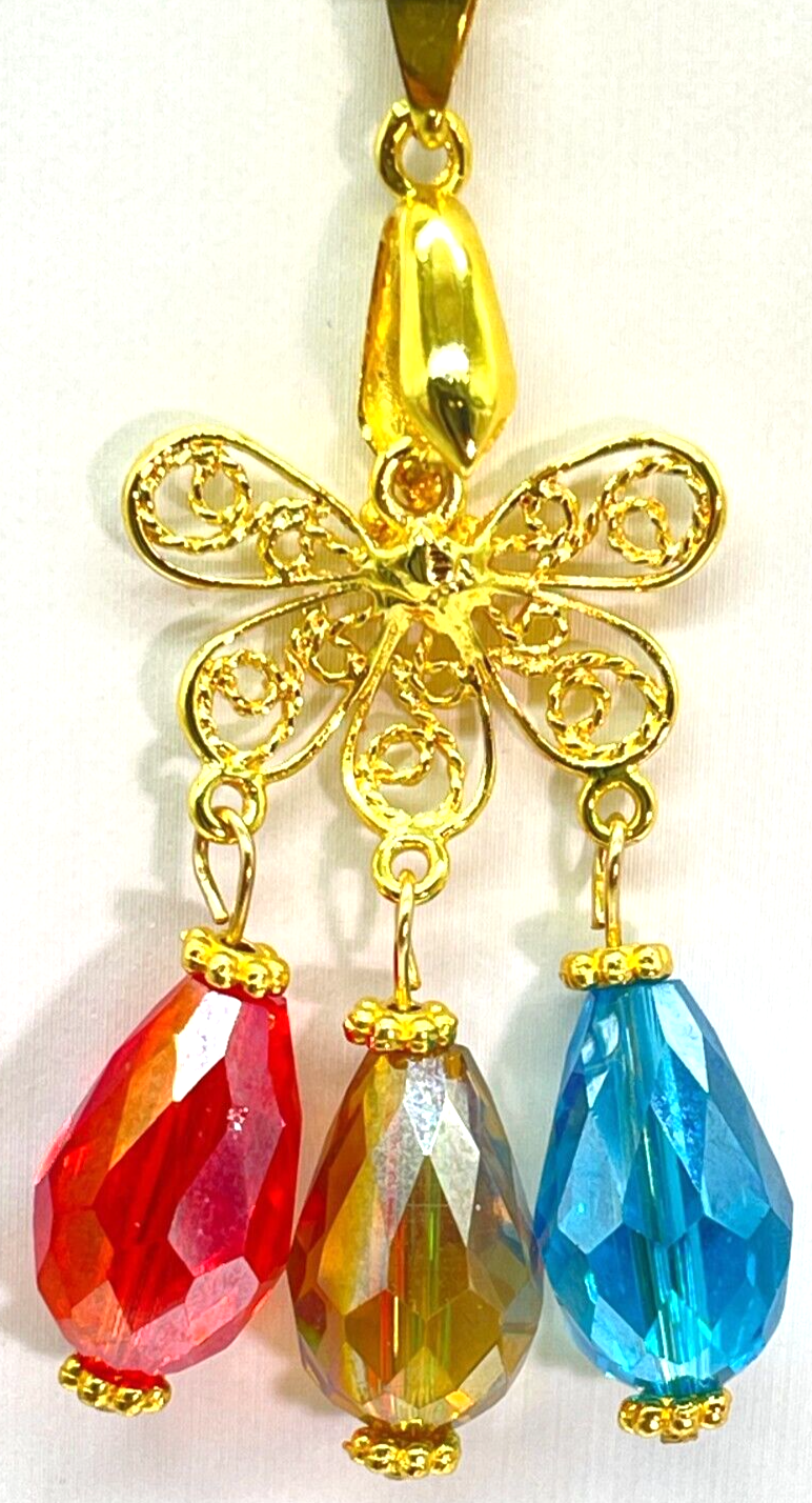 Gold-Tone Necklace with Red Blue Yellow Glass Teardrops 18
