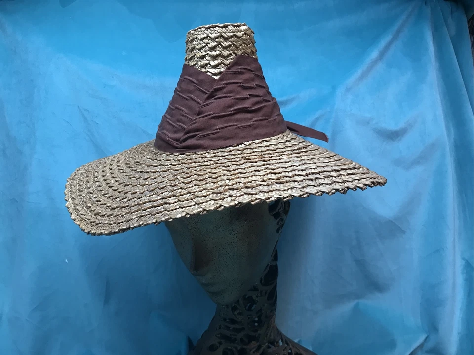 复古草帽 30 年代 40 年代倾斜宽边棕色高冠 — 第 2/4 张图片