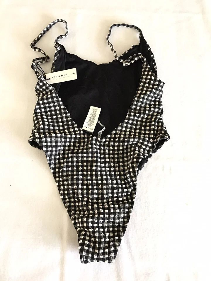 Nuevo con etiquetas Traje de baño Vitamin A para mujer 8M descarado de una pieza corte alto negro/blanco a cuadros EE. UU. Foto 2 de 4