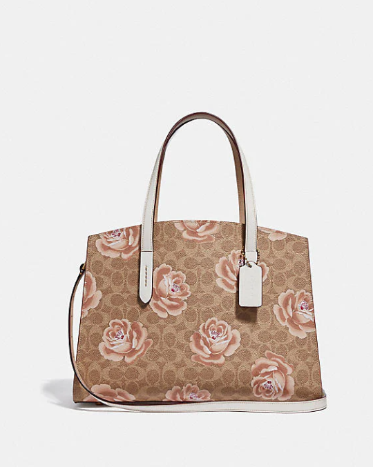 Coach 31667 Charlie Carryall Rose Print Signature C Tan Pink  