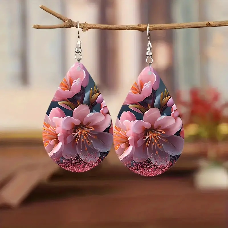 Fashion Flower Bohemian Wooden Small Water Drop Earring Watercolor Flower Purple