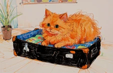 ACEO Mini *Art Print* Orange Cat Kitten in a Black Suitcase/ Travel by Saulite