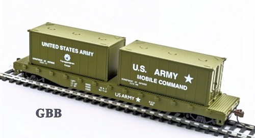 HO Scale US ARMY 51' FLAT CAR with TWO 20' CONTAINERS Model Power New 98309 - Afbeelding 1 van 4