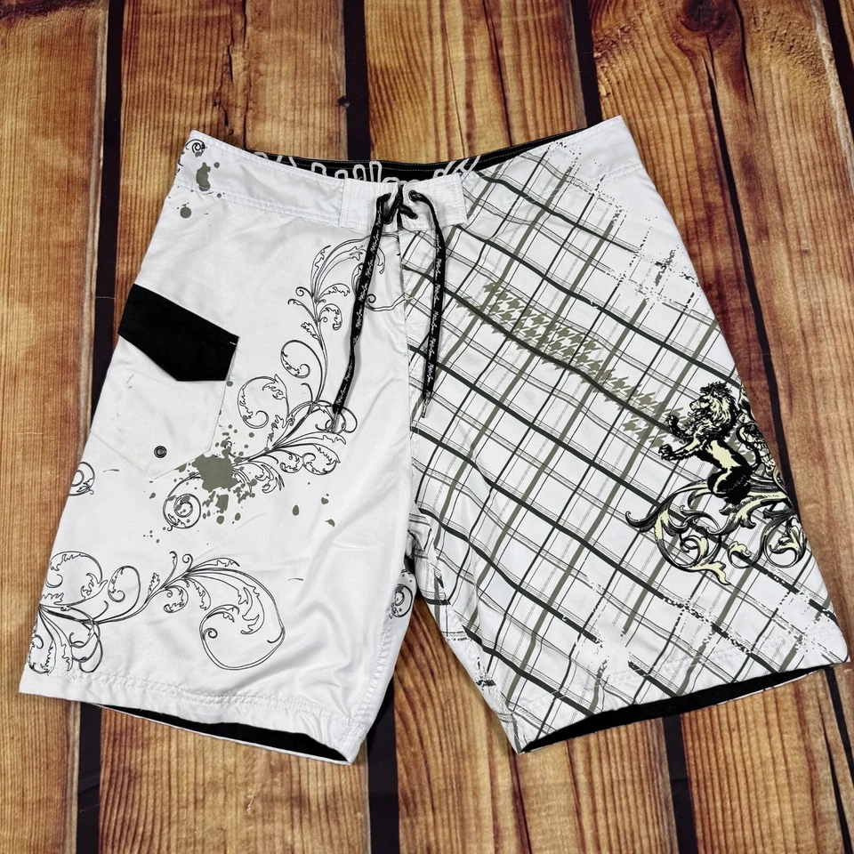 Maui & Sons Board Shorts Men 38 White Gold Black Plaid Graphic Floral Swim Surf - Imagem 2 de 4