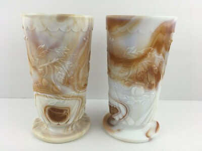 2 LG Wright Caramel Slag Wreathed Cherries Tall Footed Tumblers Mostly White VTG