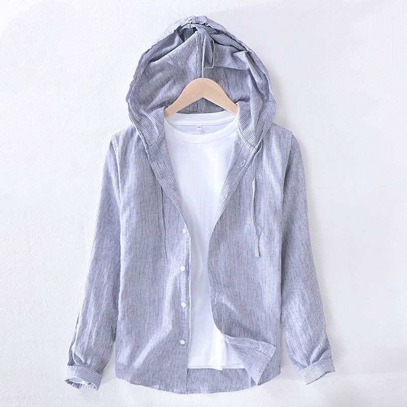 Mens Cotton Linen Casual Breathable Hooded Button Long