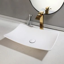 Bathroom Resin Vessel Sink White Rectangular Basin Bowl With Gold Faucet + Drain