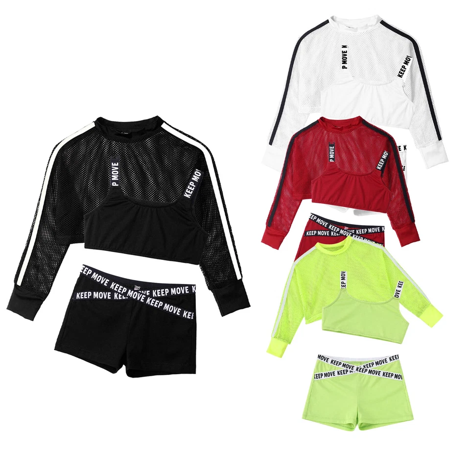 Girls Street Dance Letter Printed Jazz Hip Hop Outfits Kids Mesh Crop Tops Short - Image 4 of 4