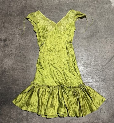 vintage Betsey Johnson 1998 Runway Ready To Wear Green Satin Lace Floral Dress