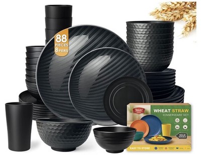 Teivio Wheat Straw 88-Piece Dinnerware Set Black Dishwasher Safe