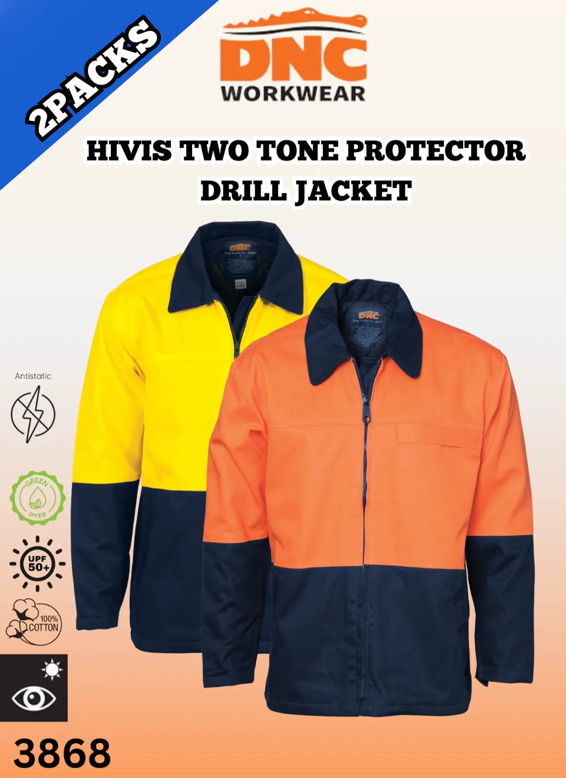 DNC 2PACKS Mens HiVis Two Tone Protector Drill Jacket Style Work Safety 3868