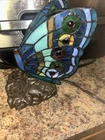 Vintage Tiffany Style Stained Glass Butterfly Accent Table Lamp Bronze Base 9”