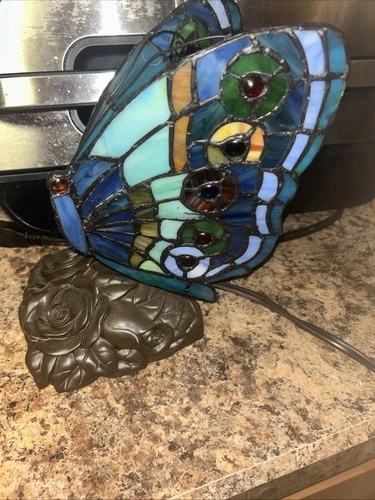 Vintage Tiffany Style Stained Glass Butterfly Accent Table Lamp Bronze Base 9”