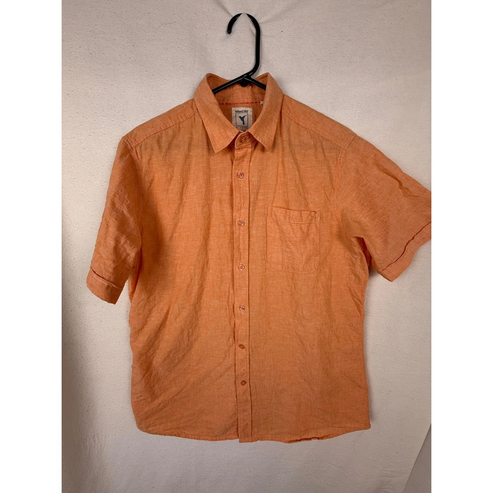 Natural Blue by Visitor Button Down Shirt Mens L Orange 100% Linen Short Sleeve
