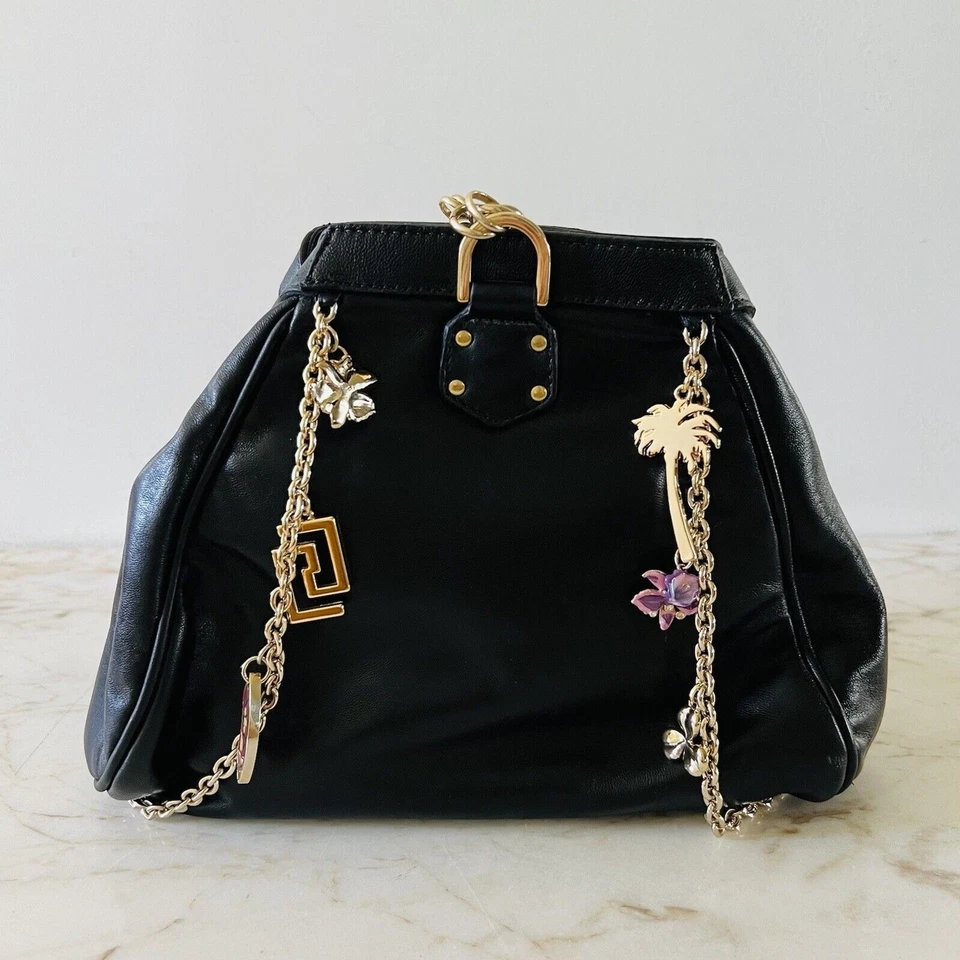 2011 VERSACE for H&M Black Leather Tasche Rouch Studded Gold Chains Charm Bag - Image 4 of 4