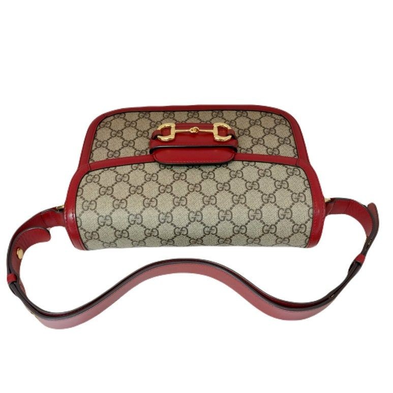 Gucci Red GG Supreme Gold Horsebit 1955 Leather Trimming Shoulder Bag 133469324 image 4