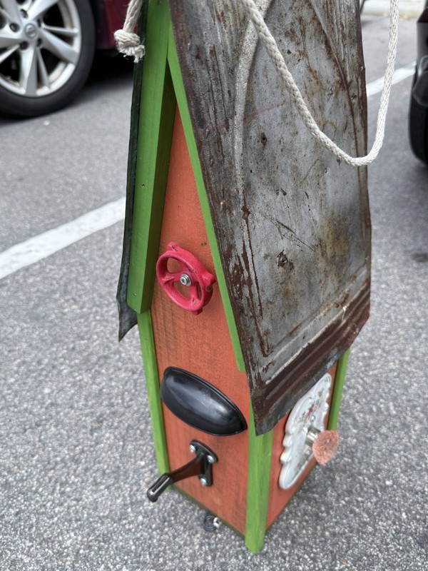 Whimsical Hanging Wood & Metal Birdhouse Metal Roof Brown/Green Side Entrance