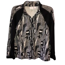 Weekends Chicos Womens 1 Medium 8 10 Balck White Print Full Zip Light Jacket