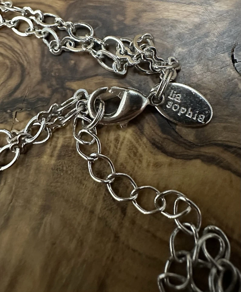 Lia Sophia Silver Tone Multi Layer Necklace Circle Dangles Blue Beads 16-19” - Image 4 of 4