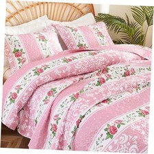 Floral Quilts Set Queen Size 3 Piece Bedding Set Queen 92"X 96" Pink